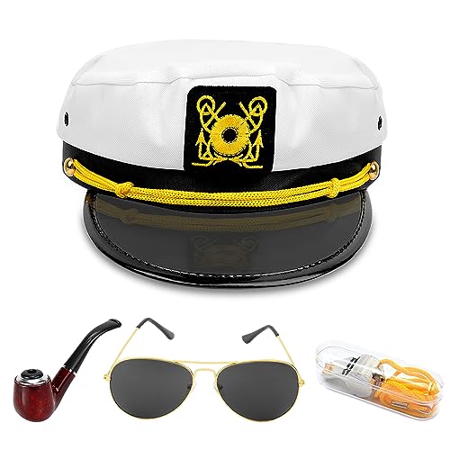 Boyigog Kapitänsmütze Zubehör-4Pcs für Erwachsene, Verstellbare Marine Mütze Set für Frauen Männer, Matrosenhut Marine Hut Kapitän Accessoires für Karneval Thema Party Cosplay tägliche Anwendung von Boyigog