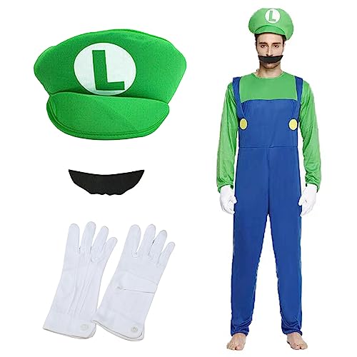 Boyigog Mario Cosplay Klempner Set Super Brothers mit Overall, Mütze, Handschuhe und Schnurrbart für Erwachsene, Karneval, Party, Halloween, Kostüm für Frauen Männer(B-L) von Boyigog