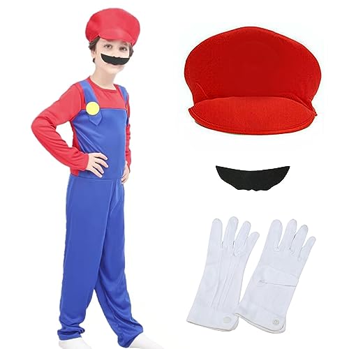 Super Klempner Kinder Cosplay Kostüme Set-4Pcs Cartoon Bruder Kostüm Zubehör mit Kinder Bodysuit Hüte Mütze Schnurrbärte Handschuhe, Halloween Karneval Kinder Cosplay Fancy Dress Kostüm (Red, M) von Boyigog