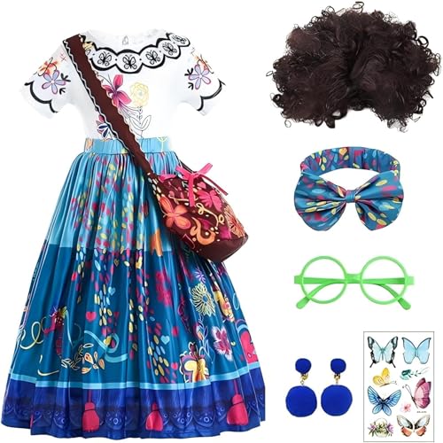 Boyigog Mirabel Cosplay Kostüm Kleid-7 Stück Encanto Mirabel Verkleidung Kostüm Prinzessin Kleid mit Tasche Brille Wig Ohrringe Fliege für Mädchen, Karneval Weihnachten Cosplay Party Kostüm (150) von Boyigog