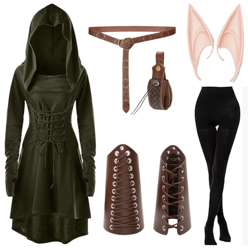 Boyigog Mittelalter Armeegrün Gothic Kleidung Dress Damen Set, Crossdresser Kleid, Elfenkleid mit Elfenohren Erwachsene, Wikinger Accessoires, Halloween Carnival Cosplay und Wikinger Kostüm Damen(M) von Boyigog