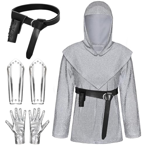 Boyigog Mittelalter Kleidung Herren Kostüm Silber Accessoires mit Wikingergürtel, Tunika, Silber Fäustlinge, Handgelenkschoner und Hüte, Halloween Karneval Cosplay(M) von Boyigog