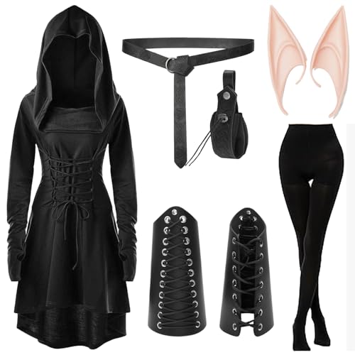 Boyigog Mittelalter Schwarzes Gothic Kleidung Dress Damen mit Elfenohren Erwachsene Set, Crossdresser Kleid, Elfenkleid, Wikinger Accessoires, Halloween Carnival Cosplay und Wikinger Kostüm Damen(XL) von Boyigog