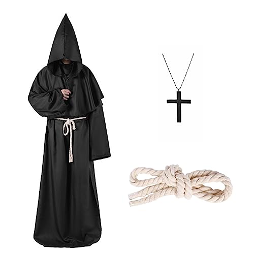 Boyigog Mönchskutte Cape lang Schwarz Mittelalterlicher Umhang Set mit Kapuze Kreuz und Seil, Halloween Cosplay Kostüm für Unisex Erwachsene (L) von Boyigog