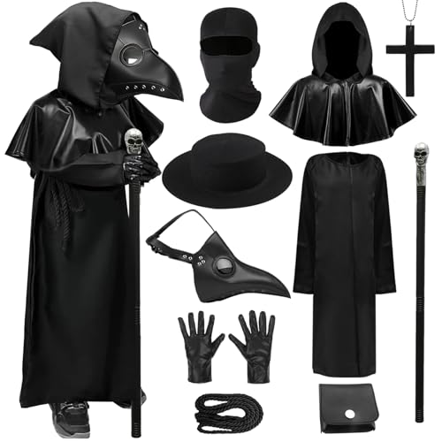 Boyigog Plague Doctor Kinder Cosplay Kostüm Set mit Handschuhen, Kapuze, Schnabelmaske, Gürteltasche, Kreuzkette, Halloween Faschings Kostüm (130) von Boyigog