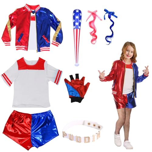 Quinn Cosplay Kostüm für Kinder-8Stück, Mädchen Bösewicht Kostüm Set mit Jacke T-Shirt Shorts Handschuhe Socken Kragen Dekorierte Perücke, für Karneval Halloween Cosplay Mädchen Kostüm (140) von Boyigog