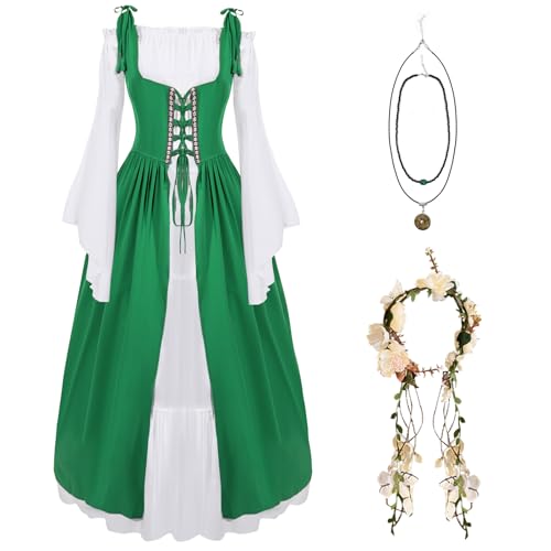 Boyigog Renaissance Kleid Damen mit Halskette und Blumenkranz Haare, Mittelalter Kleid Damen Große Größen, Vintage Dress, Halloween Karneval Maskerade Mottoparty Mittelalter Damen Kostüm(Green,L-XL) von Boyigog