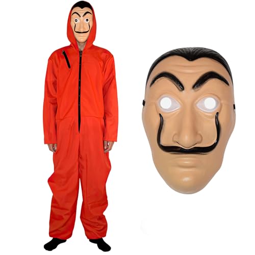 Boyigog Roter Overall Kostüm Set mit Kapuze Räuber Cosplay mit Maske, Partner Dress Up Kostüm mit Zubehör Erwachsene Unisex für Karneval Fasching Halloween Party (XL) von Boyigog