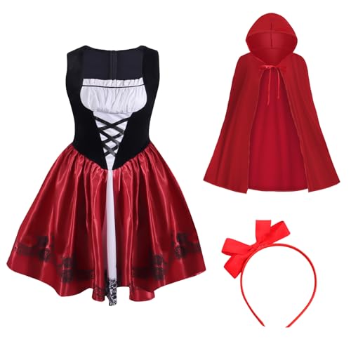 Boyigog Rotkäppchen Kostüm Mädchen-3 Stück, mit Rot Umhang, Kleid, Rote Fliege Headband, Faschingskostüme Kinder Rot Umhang für Halloween Karneval Weihnachten Mottoparty Kostüm Party(130) von Boyigog