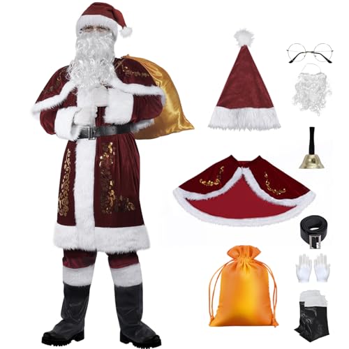 Boyigog Santa Cosplay Kostüm Set für Erwachsene Männer, 11 Stück Santa Fancy Dress up Cosplay Kostüm Set, Weihnachtsparty, Rot Deluxe Samt Santa Kostüm Set (XXL) von Boyigog