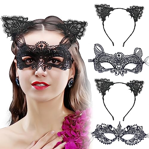 Boyigog Spitze Maskerade Masken Spitze Katzenohren Haarbänder Frauen Masken Augenmaske Set Kostüm Party Zubehör für Karneval Mardi Gras Karneval Party von Boyigog