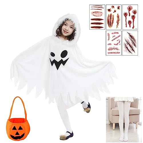 Boyigog Weißer Spooky Cloak Kinder Halloween Kostüm Set mit Socken, Aufkleber, Kürbis Tasche, Halloween Cosplay Fancy Dress für Kinder Mädchen (110) von Boyigog