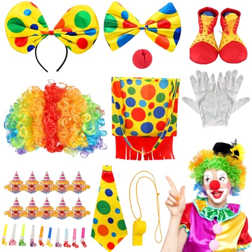 Buntes Clown Kostüm Set-10 Stück für Erwachsene mit Zubehör Lockenperücke Rote Nase Bunte Fliege Tasche Handschuhe Schuhe Zirkusrequisiten, Karneval Halloween Maskerade Cosplay Party Kostüm Zubehör von Boyigog