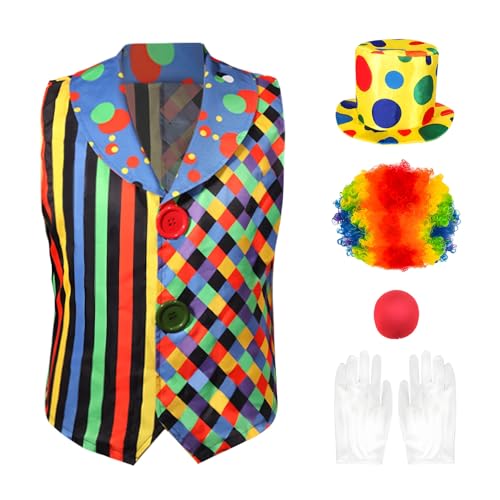 Clown Kostüm Set-6 Stück für Erwachsene Herren mit Buntes Weste Lockenperücke Rote Nase Bunte Fliege Handschuhe Bowler Hut, Karneval Halloween Maskerade Cosplay Party Kostüm (XL) von Boyigog