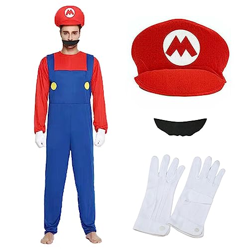 Cosplay Kostüm Super Brothers Plumber Set mit Overall, Hut, Handschuhen und Schnurrbart für Erwachsene, Karneval Halloween Party Kostüm für Frauen Männer (Rot-L) von Boyigog