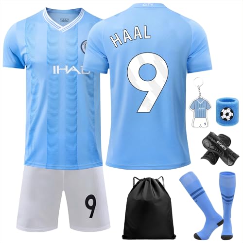 Fußball Kostüme Set für Kinder mit T-Shirt Hose, Knie Pads Platten Handgelenkschützer, Aufbewahrungstasche Schlüsselanhänger, Fußball Themen Party Kostüme Geschenk für Jungen Mädchen--Blau (26) von Boyigog