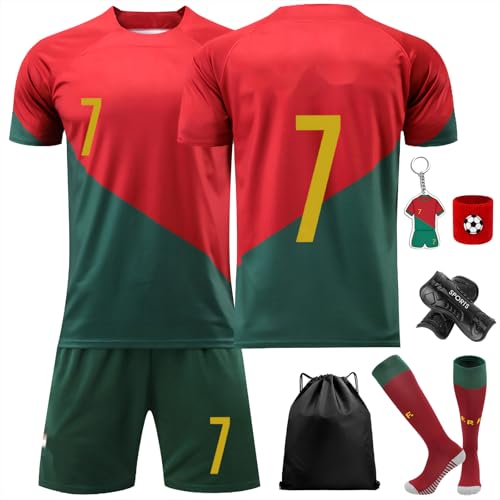 Boyigog Fußball Kostüme Set-7Pcs für Kinder No.7 mit T-Shirt Hose, Knie Pads Platten Handgelenkschützer, Aufbewahrungstasche Schlüsselanhänger, Fußball Themen Party Kostüme Geschenk-Rot-Grün (24) von Boyigog