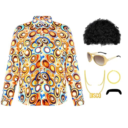 Hippie Herren 70er 80er Jahre Kleidung Set-6-Stück mit Gedruckt Shirts,Perücken, Sonnenbrillen, Halsketten, Armbänder, Schnurrbärte, für Disco Theme Party Karneval Maskeraden Cosplay Kostüm (L) von Boyigog