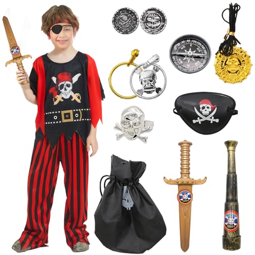 Boyigog Kinder Piraten Kostüm Set-12Pcs mit Haarbänder, Kompasse, Ferngläser, Geldbörsen, Halloween Karneval Geburtstag Weihnachten Thema Cosplay Party Deluxe Piraten Kostüm(L) von Boyigog