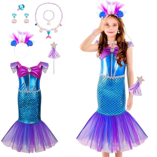 Meerjungfrau Mädchen Prinzessin Kleid, Meerjungfrau Kostüm Kleid Set enthält Haarband, Perle Muschel Halskette Armband Ohrringe, Ring, Stern Zauberstab, Geburtstag Party Kinder Prinzessin Kostüm(120) von Boyigog