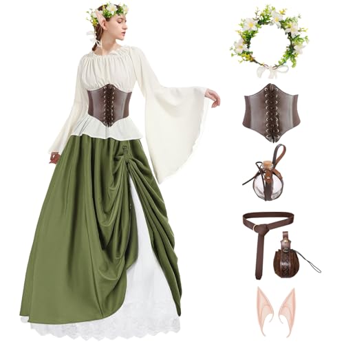 Mittelalter Kleidung Damen Set mit Elfenohren Erwachsene, Mittelalter Accessoires Hemd, Gürtel, Blumenkranz Haare, Elfenkleid, Rock Lang, Korsett, Potion Bottle, Karneval Cosplay Kostüm(8Pcs) L von Boyigog