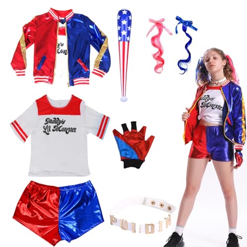 Boyigog Quinn Kostüme kinder, Quinn Kostüm Cosplay Costume Set Quinn Tattoo Joker, Jacke, Shorts, T-Shirt, Handschuh, Netzstrümpfe für Halloween Karneval Cosplay von Boyigog