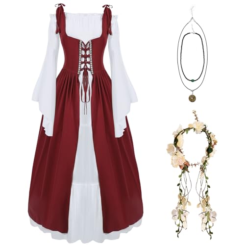 Renaissance Kleid Damen mit Halskette und Blumenkranz Haare, Mittelalter Kleid Damen Große Größen, Vintage Dress, Halloween Karneval Maskerade Mottoparty Mittelalter Damen Kostüm(Burgundy,L-XL) von Boyigog