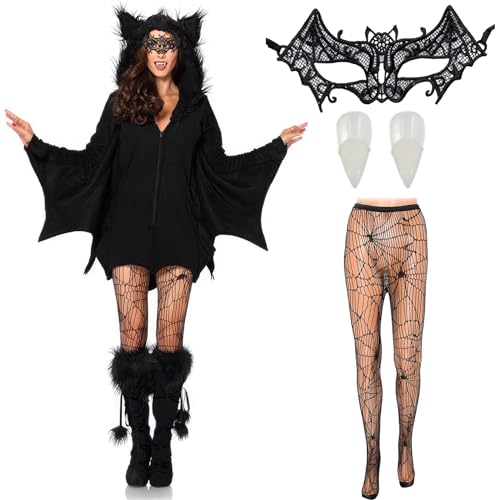 Schwarzes Fledermausflügel-Kostüm für Damen, Halloween-Kostüm, Vampir-Kostüm mit Zubehör, Halloween, Party, Cosplay, Outfit, Kostüme für Damen, Erwachsene, Größe S, 4-teilig von Boyigog