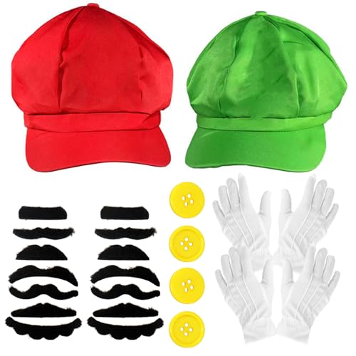 Super Klempner Cosplay Zubehör Set-10Stück Cartoon Bruder Kostüm Zubehör mit Hüte Mütze Schnurrbärte Weiße Handschuhe, Weihnachten Karneval Erwachsene Kinder Cosplay Kostüm von Boyigog