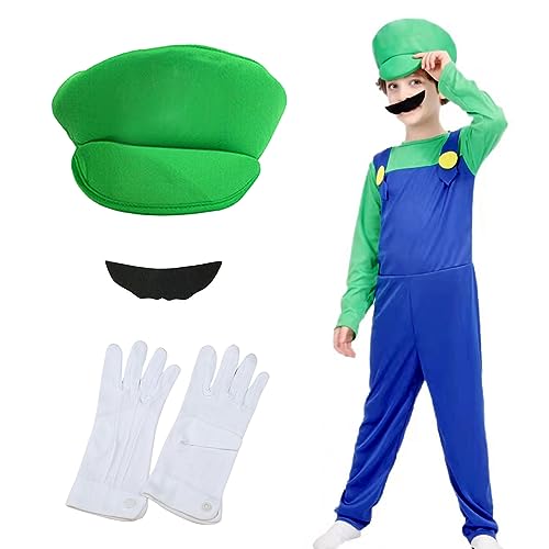 Super Klempner Kinder Cosplay Kostüme Set-4Pcs Cartoon Bruder Kostüm Zubehör mit Kinder Bodysuit Hüte Mütze Schnurrbärte Handschuhe, Halloween Karneval Kinder Cosplay Fancy Dress Kostüm (Green, L) von Boyigog