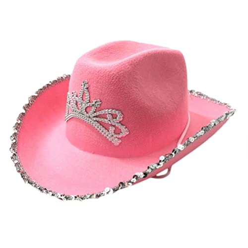 Bozaap Rosa Cowgirl-Hut, Filz-Cowboyhut, flauschige Federkrempe, Cowboyhut mit Hals-Kordelzug, Cosplay-Party-Kostüm-Zubehör, Spielen Frauen von Bozaap