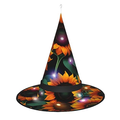 BrUgui LED-Hexenhut mit orangefarbener Sonnenblumentapete – leichter und tragbarer Halloween-Hexenhut für Halloween-Spielen und Maskeraden von BrUgui