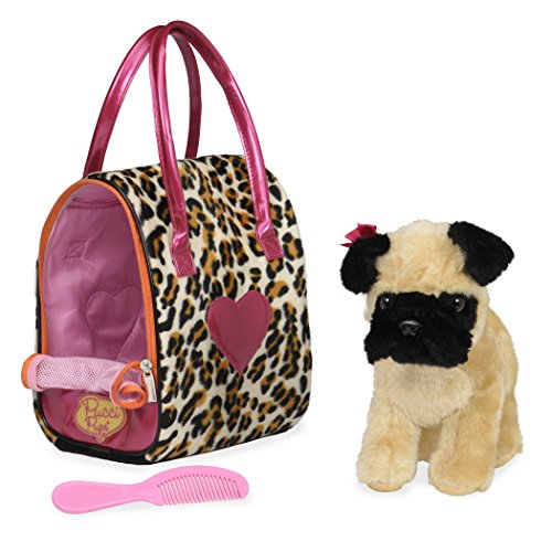 Pucci Pups Mops Kuscheltier Hund in Handtasche mit Zubehör – Plüschtier Welpe in Leopardenmuster Tasche – Spielzeug für Kinder ab 2 Jahre von Pucci Pups