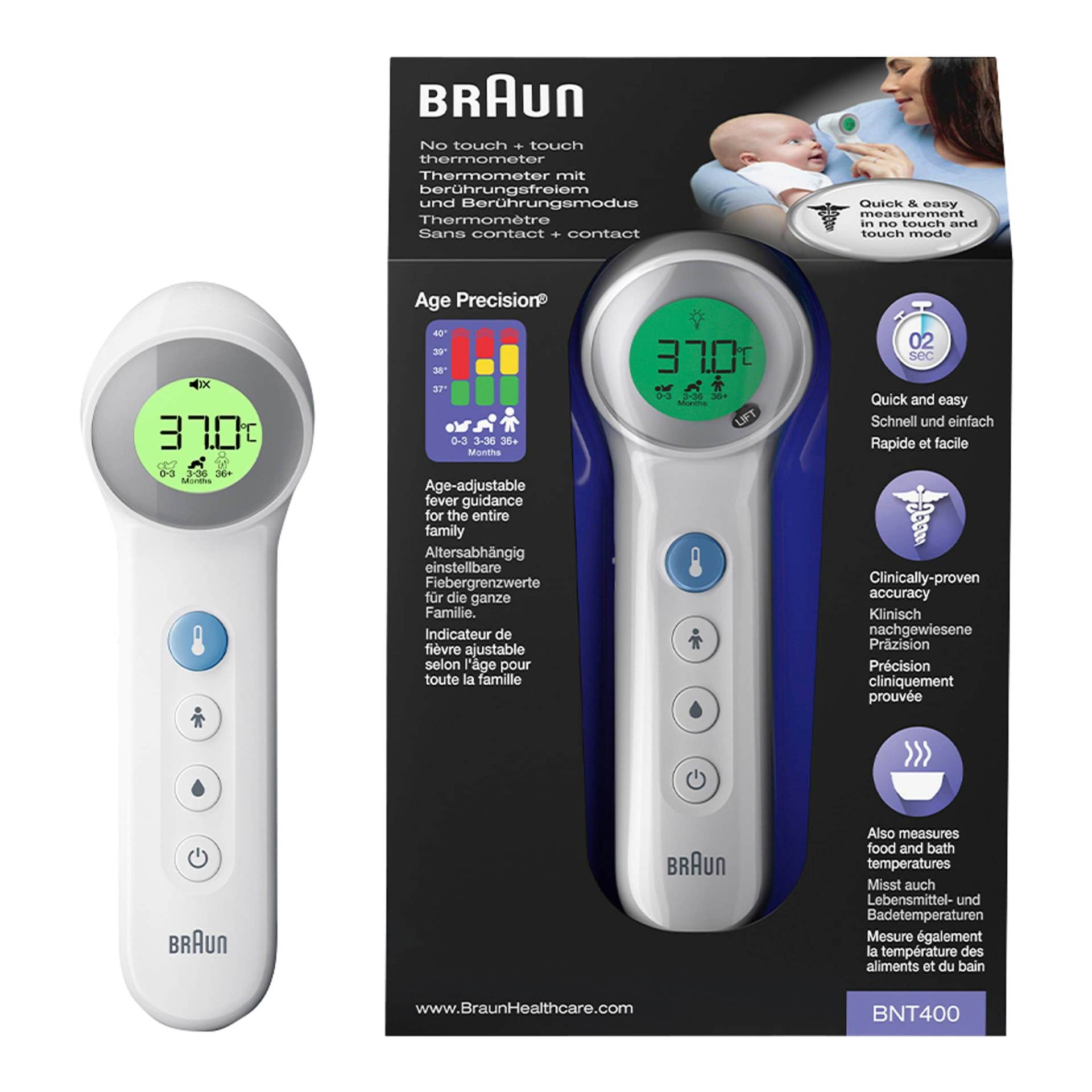 Braun No touch + touch Stirnthermometer mit Age Precision® BNT 400 von Braun