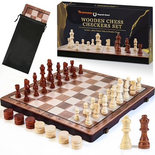 Bravmate 2 in 1 Magnetisches Schachspiel aus Holz und Dame, 15 Zoll Klappschachbrett mit Figurenaufbewahrungsplätzen, tragbares Reiseschachspiel für Kinder Erwachsene Anfänger Alter 3+ von Bravmate