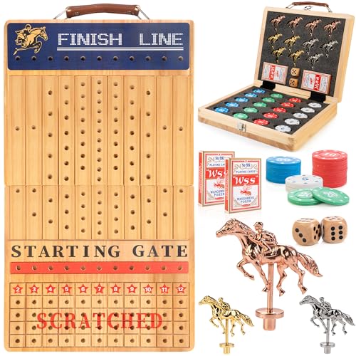 Bravmate Großes 53,3 cm Pferderennen Brettspiel, Massivholz Faltbares Pferderennenspiel mit 11 Luxus-Metallpferden, 2 Holzwürfeln, 2 Karten-Boxen, 80 Chips für Partys und Glücksspiele von Bravmate