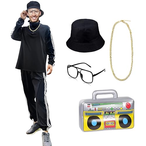 Brebebe 80er Jahre Kostüme für Männer,Männer Halloween 80er Jahre 90er Jahre Hip Hop Kostüm Outfit,80er Retro Cool Rapper Kostüm Outfits (DE/NL/SE/PL, Alphanumerisch, L, Regular, Regular, Schwarz) von Brebebe