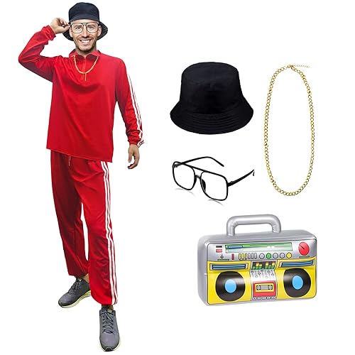 Brebebe 80er Jahre Kostüme für Männer,Männer Halloween 80er Jahre 90er Jahre Hip Hop Kostüm Outfit,80er Retro Cool Rapper Kostüm Outfits (DE/NL/SE/PL, Alphanumerisch, M, Regular, Regular, Rot) von Brebebe