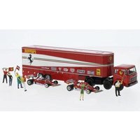 BREKINA 58575 1:87 Starline Fiat 691 T Renntransport-SZ Set mit 2 Ferrari 312 T2 F1 und 5 Figuren Ferrari, 1977 von Brekina