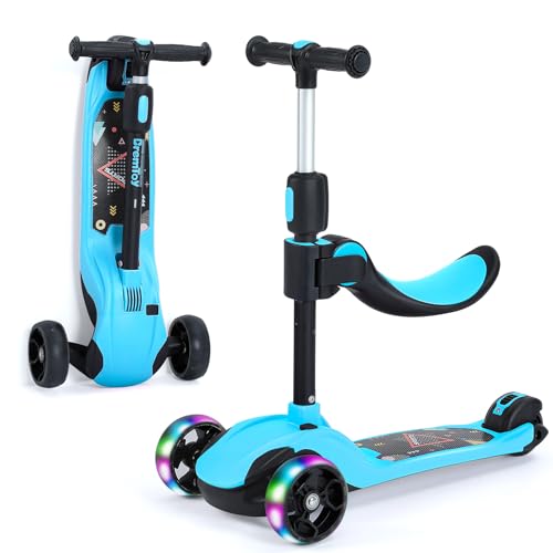 BremToy Roller Kinder mit Abnehmbarer Sitz, Kinder Roller mit Stufenlos Einstellbar, Kinder Scooter mit PU LED-Rädern, Faltbarer Kinderroller für Kinder von 1-12 Jahren (Blau) von BremToy