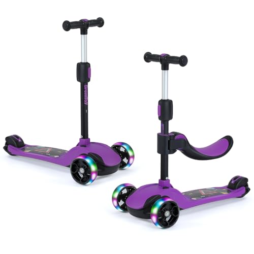 BremToy Roller Kinder mit Abnehmbarer Sitz, Kinder Roller mit Stufenlos Einstellbar, Kinder Scooter mit PU LED-Rädern, Faltbarer Kinderroller für Kinder von 1-12 Jahren (Violett) von BremToy