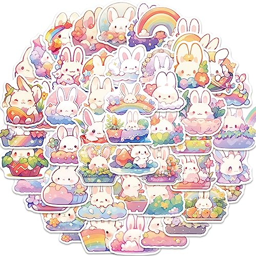 Bric Dodo 50 Stück Regenbogen Kaninchen Aufkleber Auto Laptop Telefon Gitarre Skateboard Motorrad Fahrrad Rabbit Stickers Set Vinyl Wasserdicht Aesthetic Aufkleber für Jugendliche Kinder Erwachsene von Bric Dodo