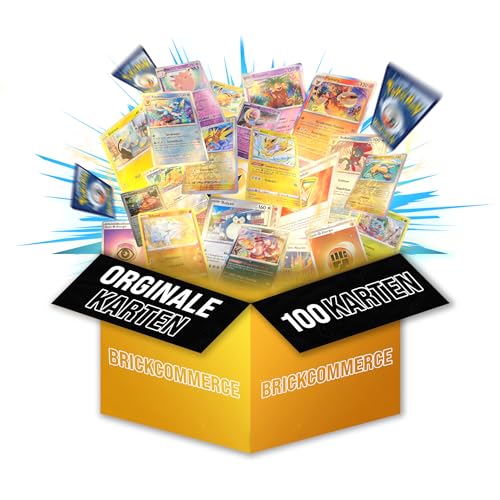 Pokemon Karten original Paket mit 100 verschiedenen Pokemon Karten deutsch - Pokemon Sammelkarten Set mit Holo Pokémon Karten Plus Brickcommerce Box kompatibel mit Pokemon Karten Gold original von Brickcommerce