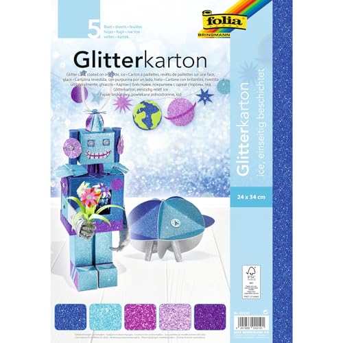 folia 85249 - Glitterkarton Ice, farbig sortiert, 24 x 34 cm, 5 Blatt, 300 g/qm - für elegante und funkelnde Bastelarbeiten von folia