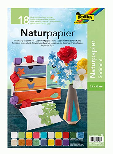 folia 58231809 - Naturpapier Sortimentspack, 18 Blatt, 23 x 33 cm, mit Maulbeerbaumpapier, Faserseide, Blütenpapier, Bananenpapier und Moonrock von folia