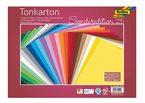 folia 612225/25 99 - Tonkarton Mix, ca. 25 x 35 cm, 220 g/m², 25 Bogen sortiert in 25 Farben - ideale Grundlage für zahlreiche Bastelideen von folia