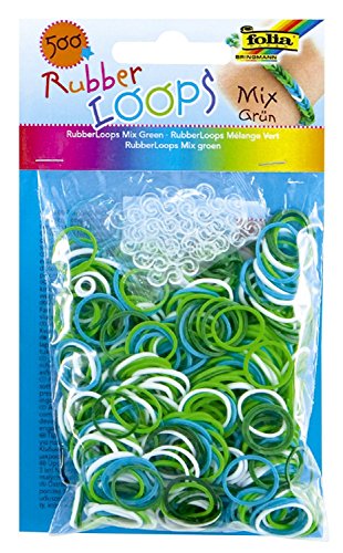 folia 331594 - Rubber Loops Mix, 500 Gummibänder, inklusive 25 stück - Clips und 1 Häkelnadel, grün von folia