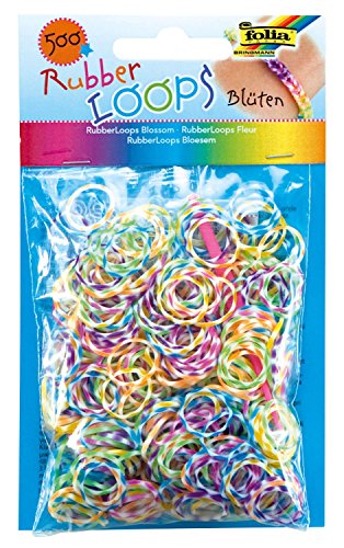 folia 339549 - Rubber Loops Blüten bunt sortiert, 500 Gummibänder, inklusive 25 stück - Clips und 1 Häkelnadel von folia