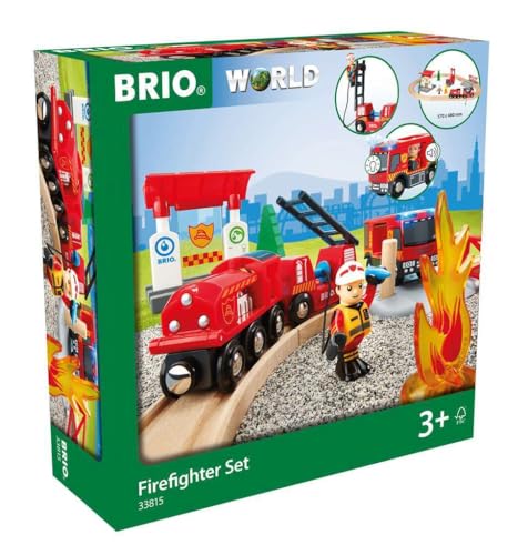 BRIO World 33815 Feuerwehr-Set - Holzeisenbahn-Set inklusive Feuerwehr-Auto mit Licht und Sound - Empfohlen für Kinder ab 3 Jahren von BRIO