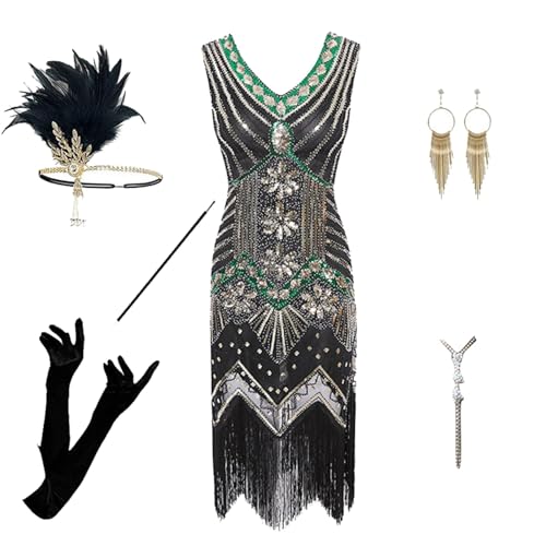 Briskorry 6-Teiliges Set Damen 1920s Kleid Gatsby Abendkleid Cocktail Party Abendkleider 20er Jahre Kostüm Kleid Quasten Partykleid Fransenkleid mit Accessoires von Briskorry